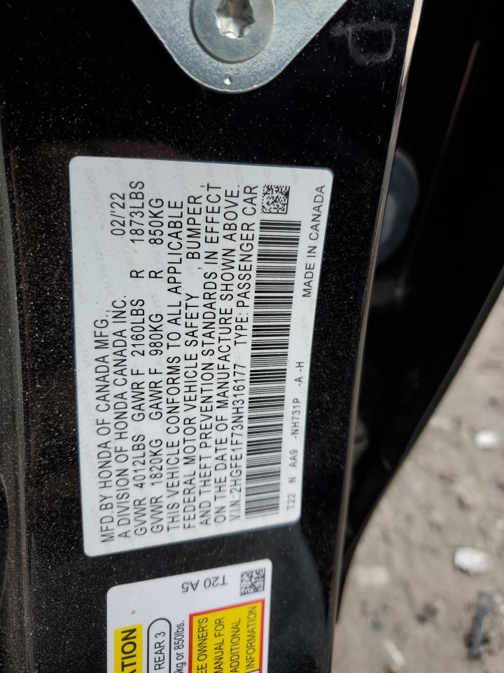 2022 HONDA CIVIC EX VIN:2HGFE1F73NH316177