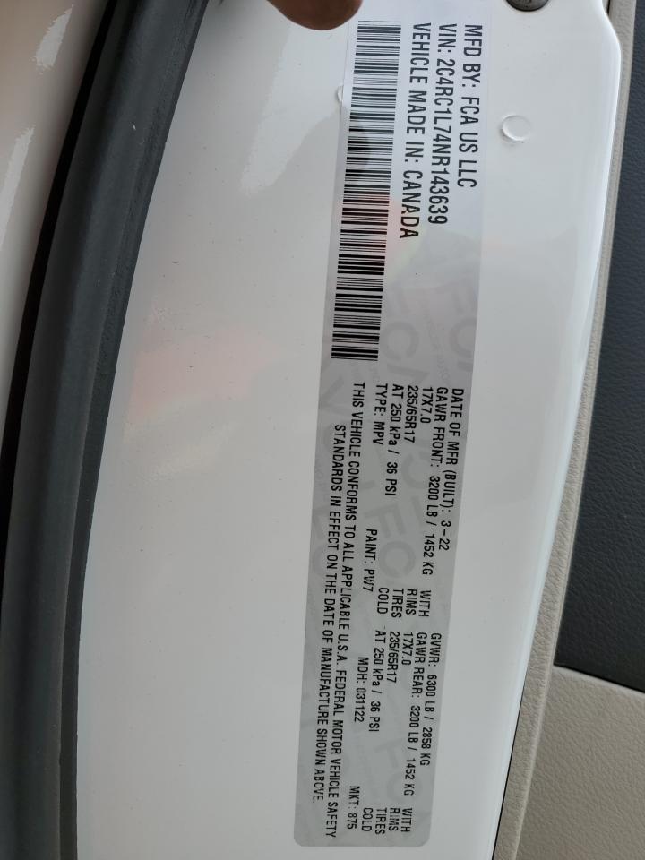 2022 CHRYSLER PACIFICA HYBRID TOURING L VIN:2C4RC1L74NR143639