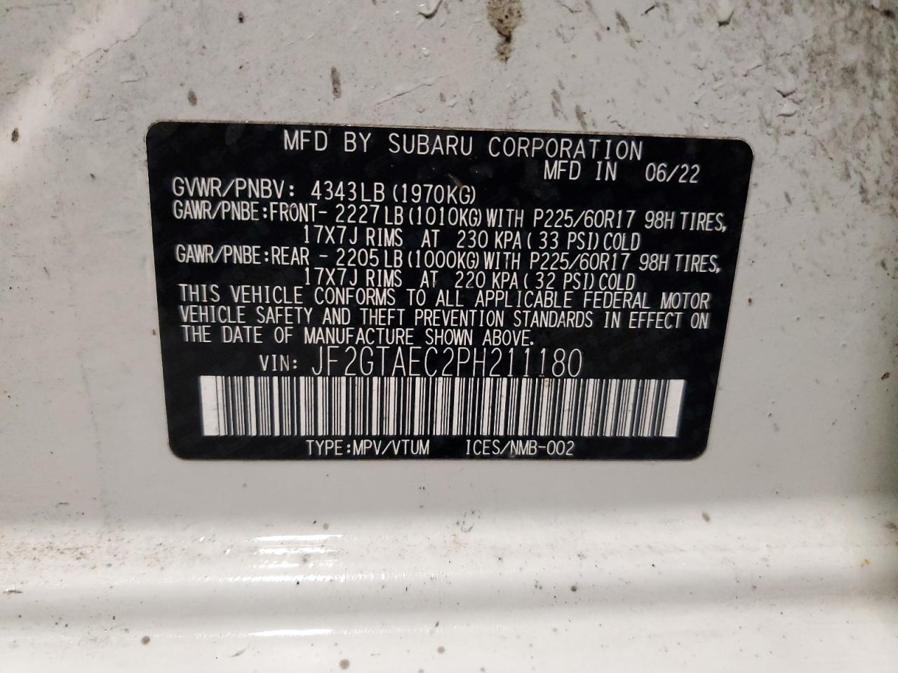 2023 SUBARU CROSSTREK PREMIUM VIN:JF2GTAEC2PH211180