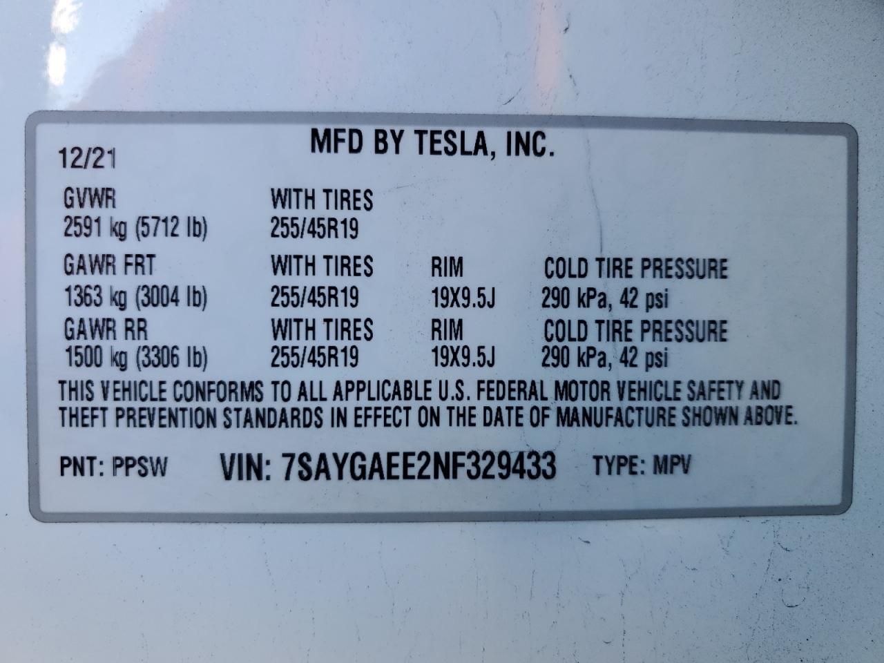2022 TESLA MODEL Y  VIN:7SAYGAEE2NF329433