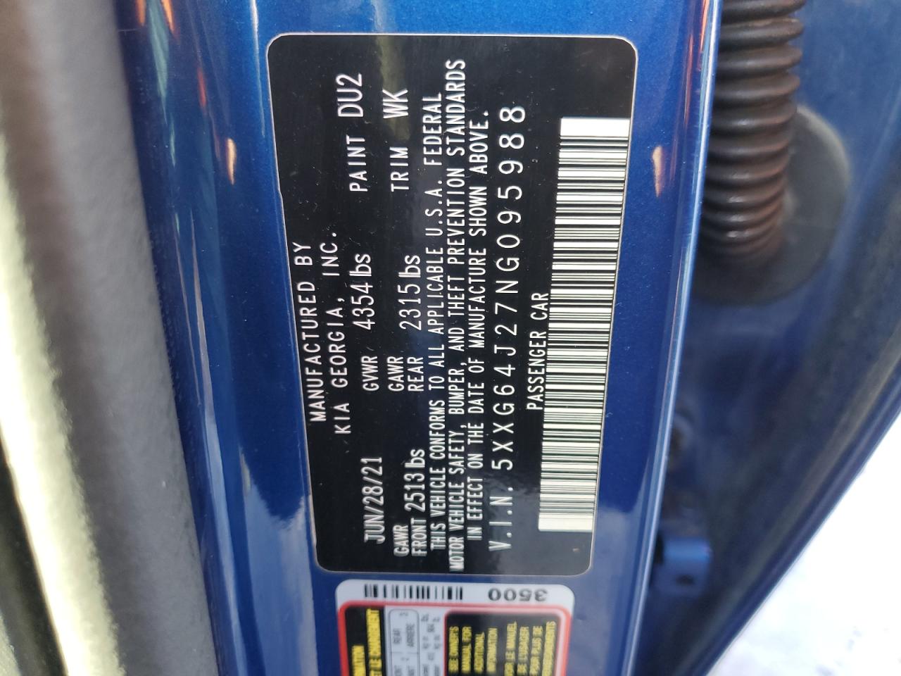 2022 KIA K5 GT LINE VIN:5XXG64J27NG095988