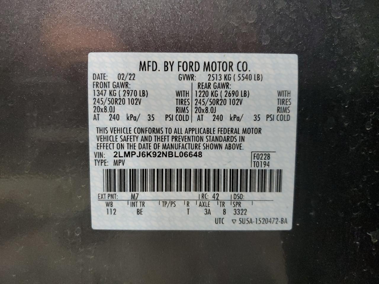 2022 LINCOLN NAUTILUS RESERVE VIN:2LMPJ6K92NBL06648