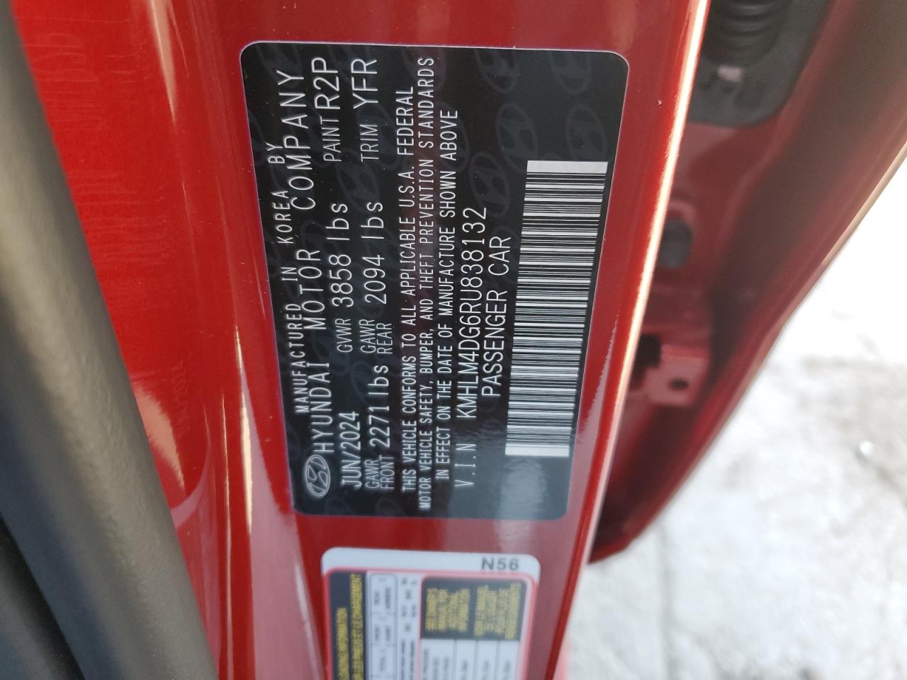 2024 HYUNDAI ELANTRA SEL VIN:KMHLM4DG6RU838132