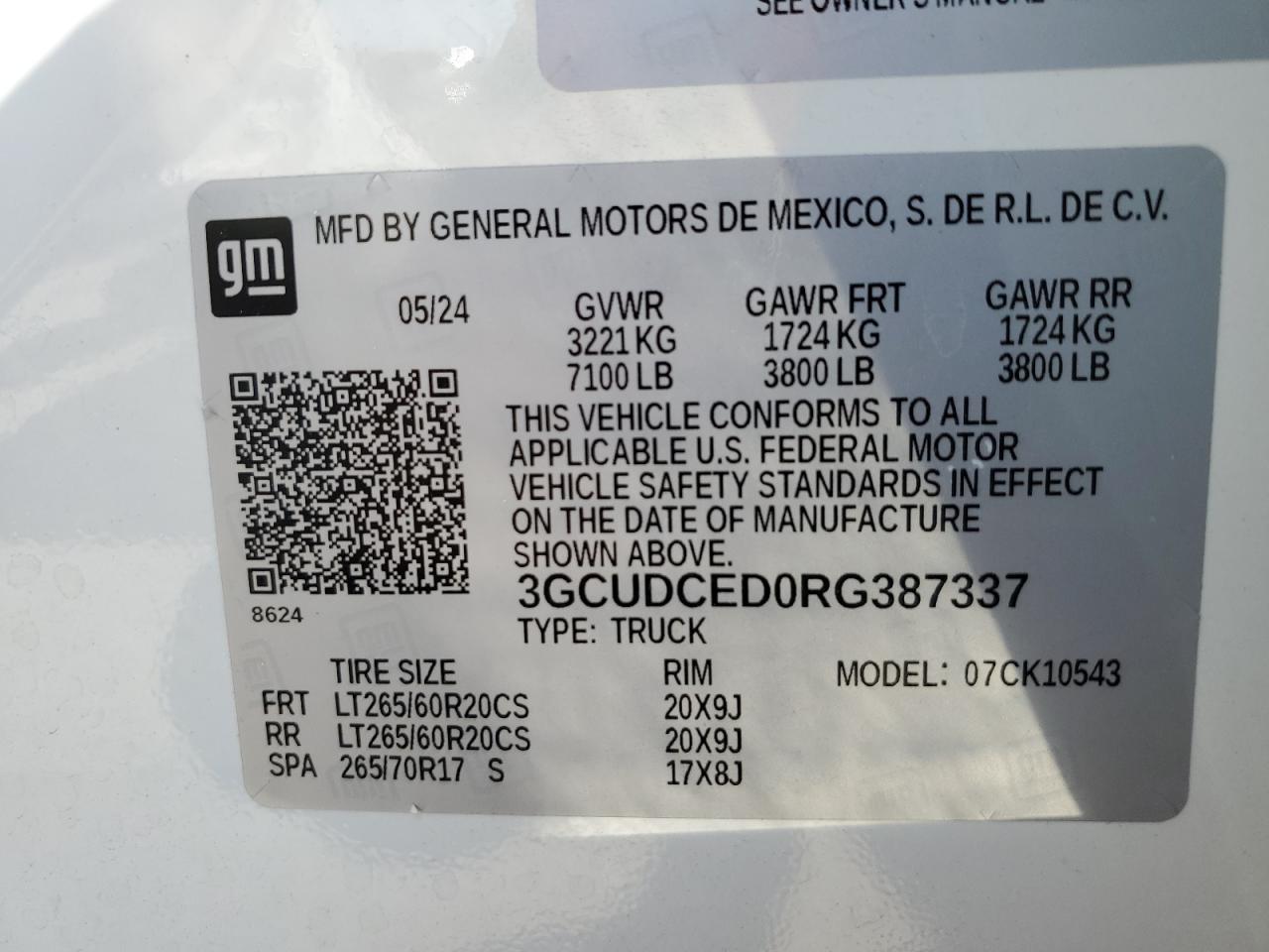 2024 CHEVROLET SILVERADO K1500 TRAIL BOSS CUSTOM VIN:3GCUDCED0RG387337