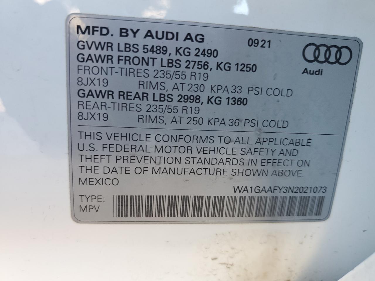 2022 AUDI Q5 PREMIUM 45 VIN:WA1GAAFY3N2021073