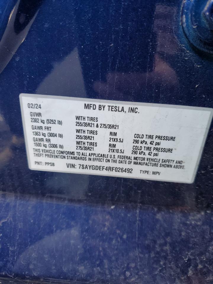 2024 TESLA MODEL Y  VIN:7SAYGDEF4RF026492