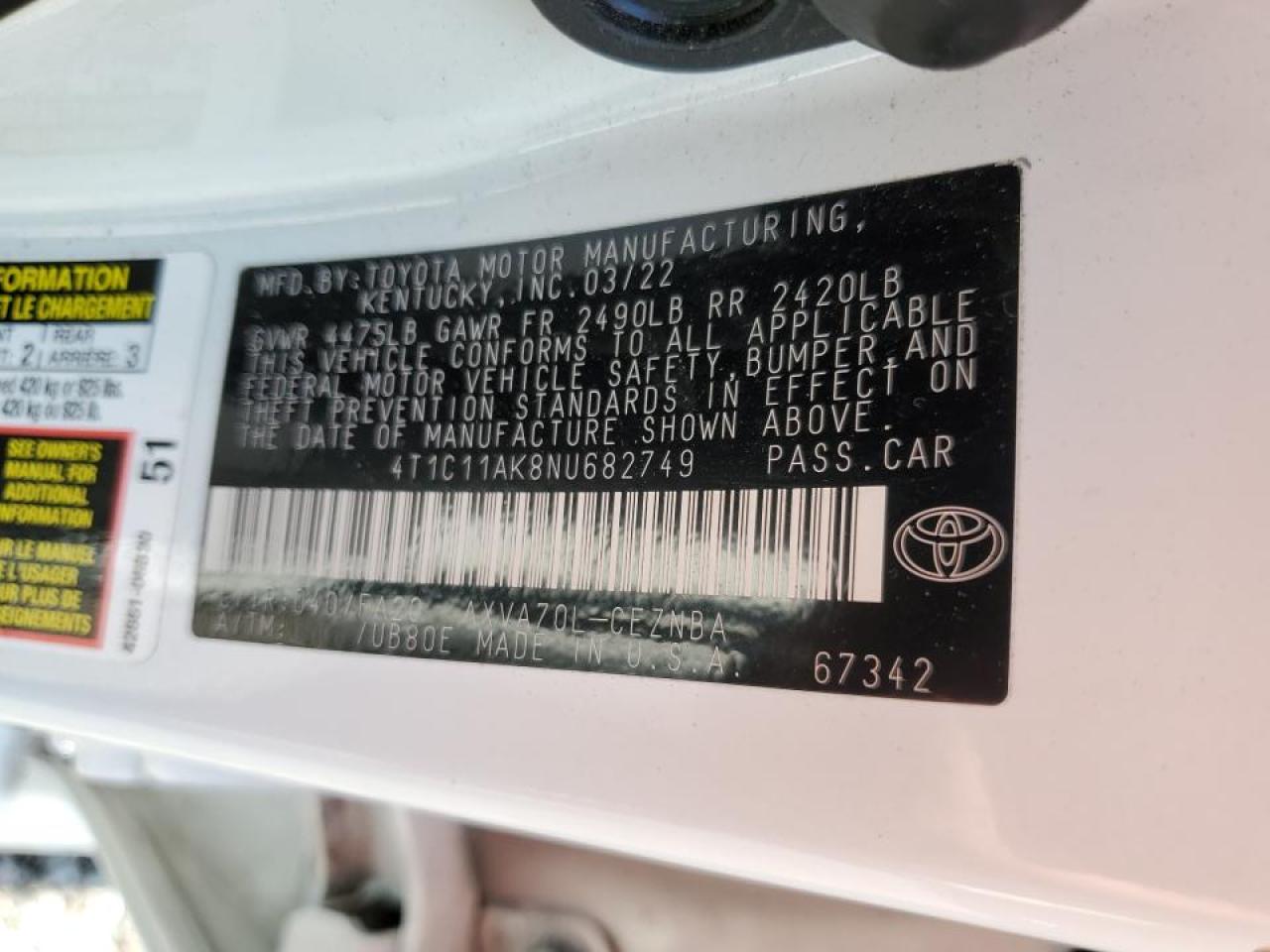 2022 TOYOTA CAMRY LE VIN:4T1C11AK8NU682749