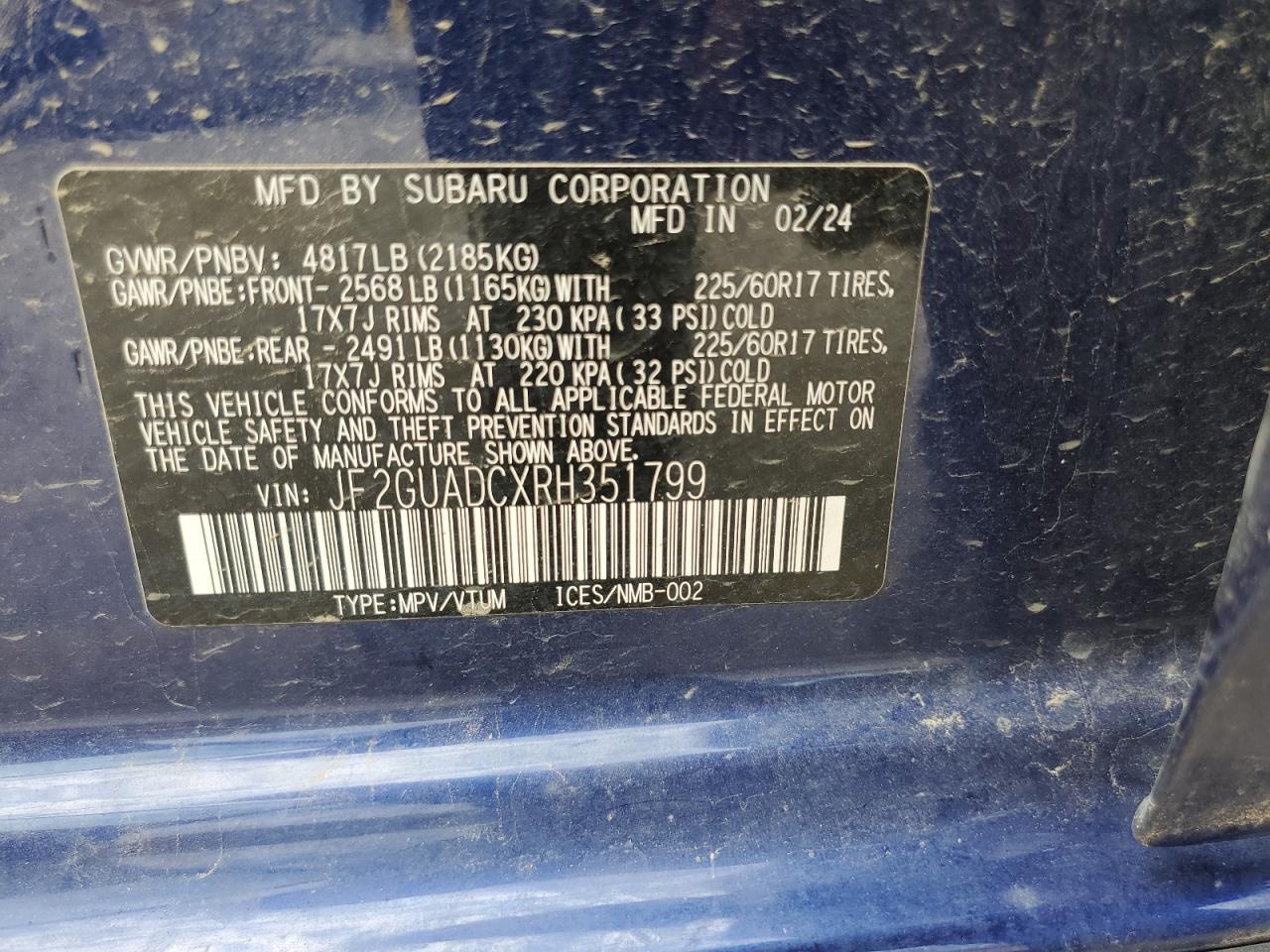 2024 SUBARU CROSSTREK PREMIUM VIN:JF2GUADCXRH351799