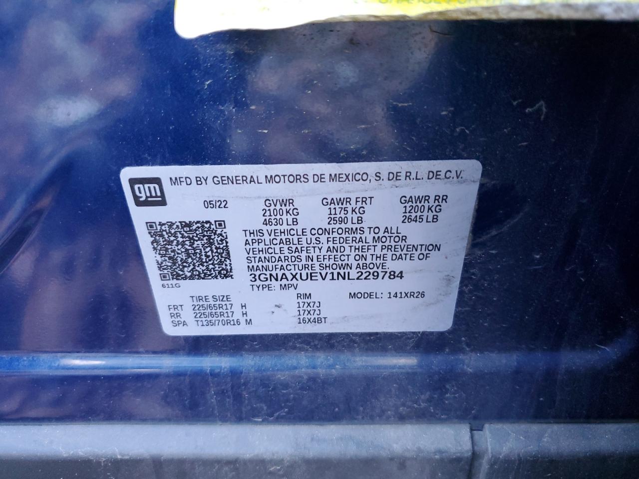 2022 CHEVROLET EQUINOX LT VIN:3GNAXUEV1NL229784