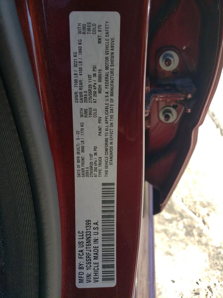 2022 RAM 1500 LARAMIE VIN:1C6SRFJT6NN331399