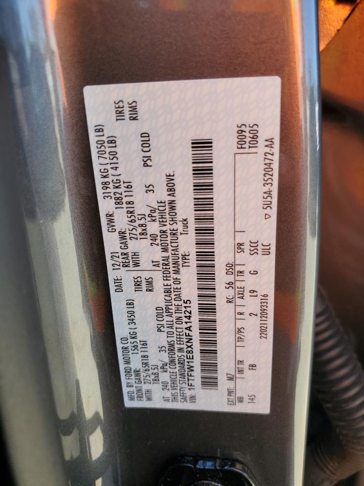 2022 FORD F150 SUPERCREW VIN:1FTFW1E8XNFA14215