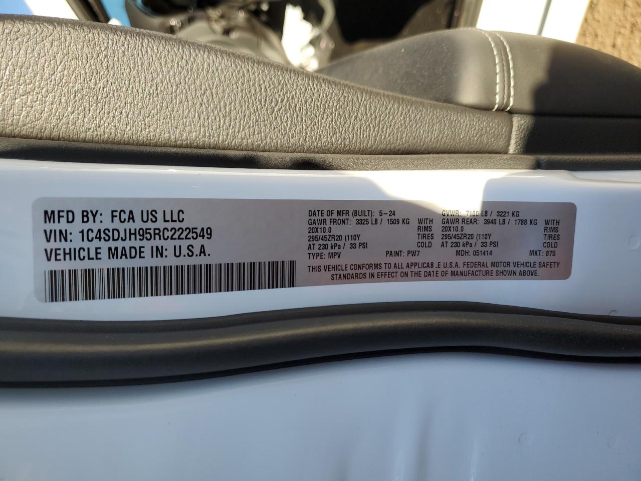 2024 DODGE DURANGO SRT HELLCAT VIN:1C4SDJH95RC222549