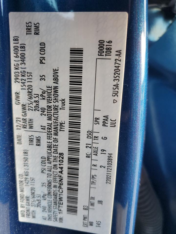 2022 FORD F150 SUPERCREW VIN:1FTEW1CP6NFA41028