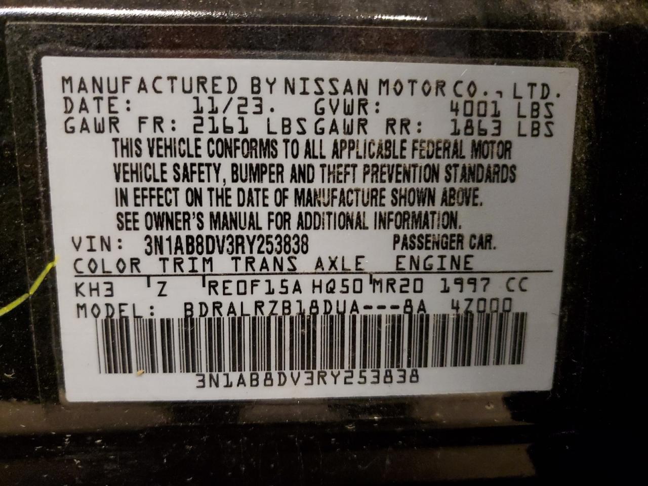 2024 NISSAN SENTRA SR VIN:3N1AB8DV3RY253838