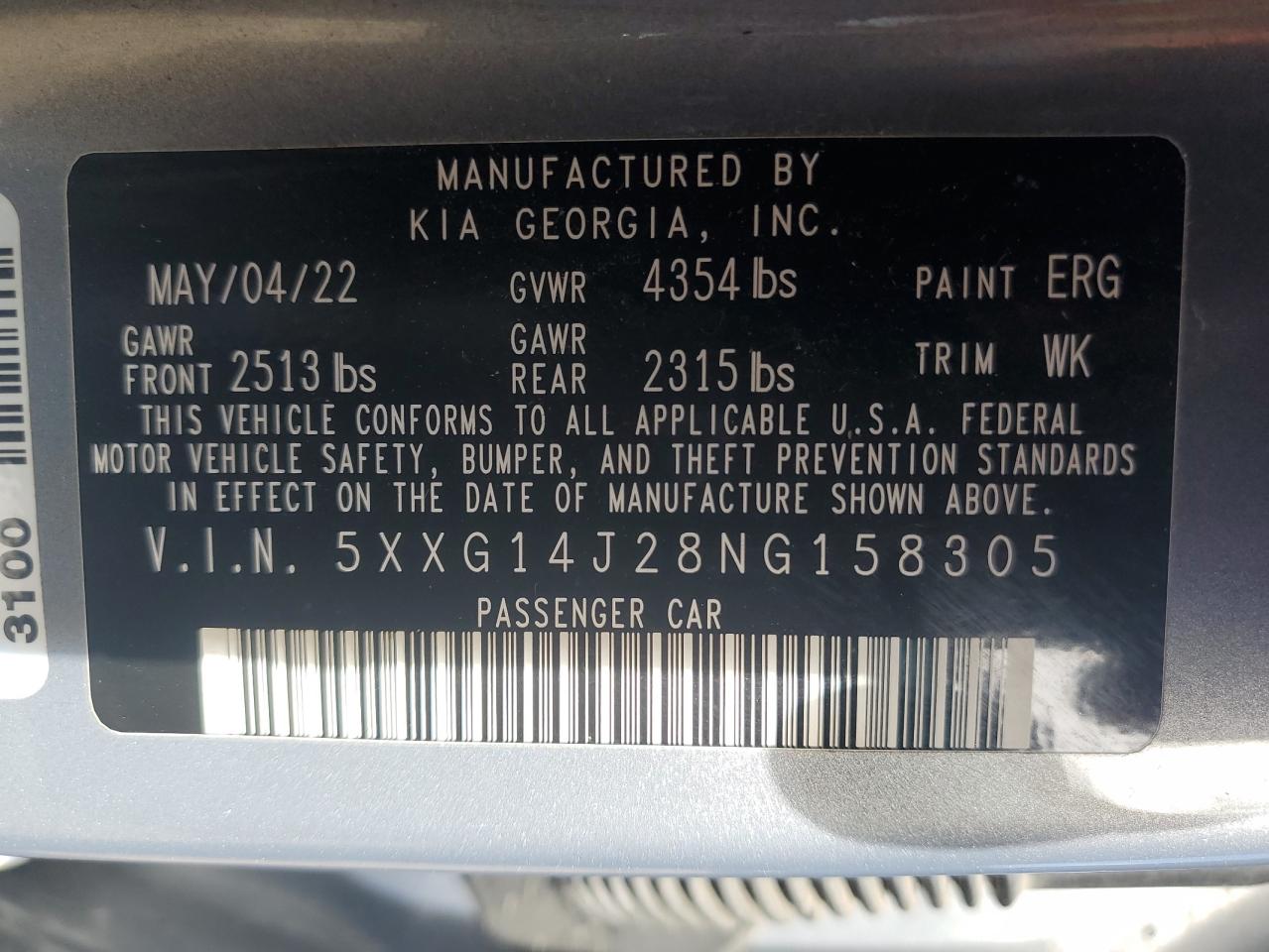 2022 KIA K5 LXS VIN:5XXG14J28NG158305