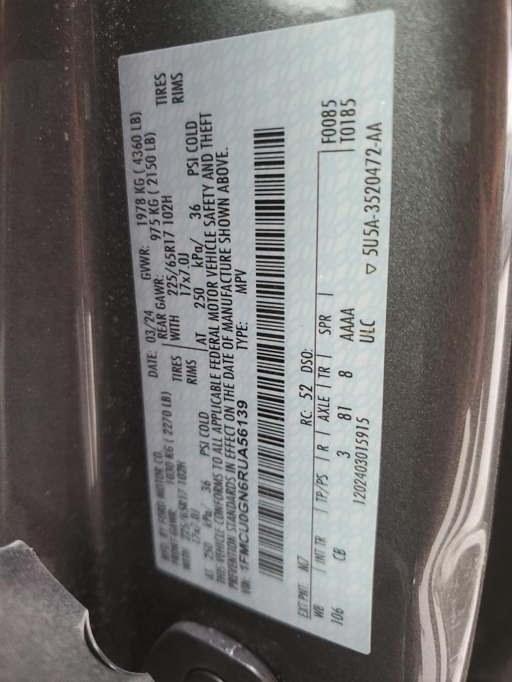 2024 FORD ESCAPE ACTIVE VIN:1FMCU0GN6RUA56139
