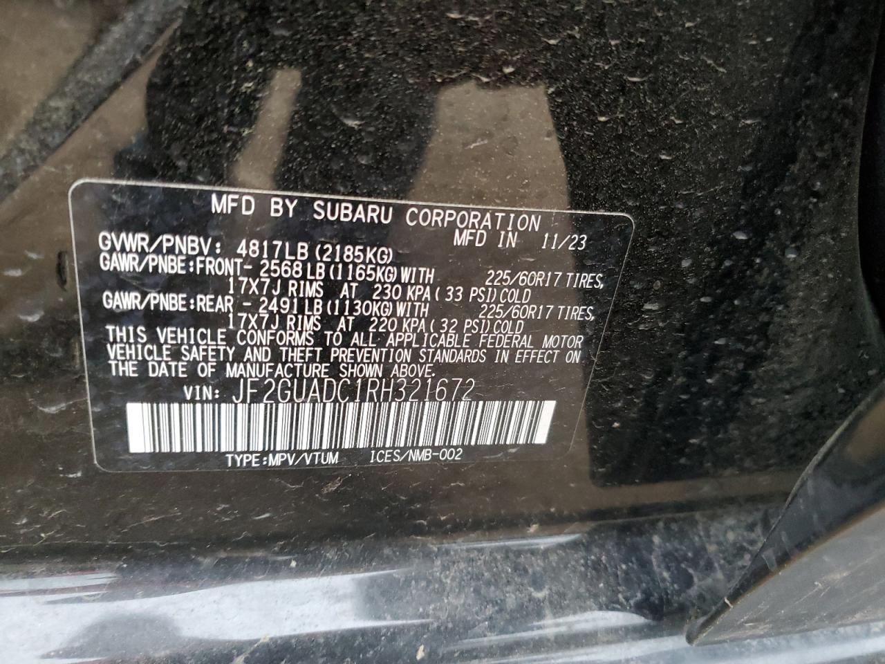 2024 SUBARU CROSSTREK PREMIUM VIN:JF2GUADC1RH321672