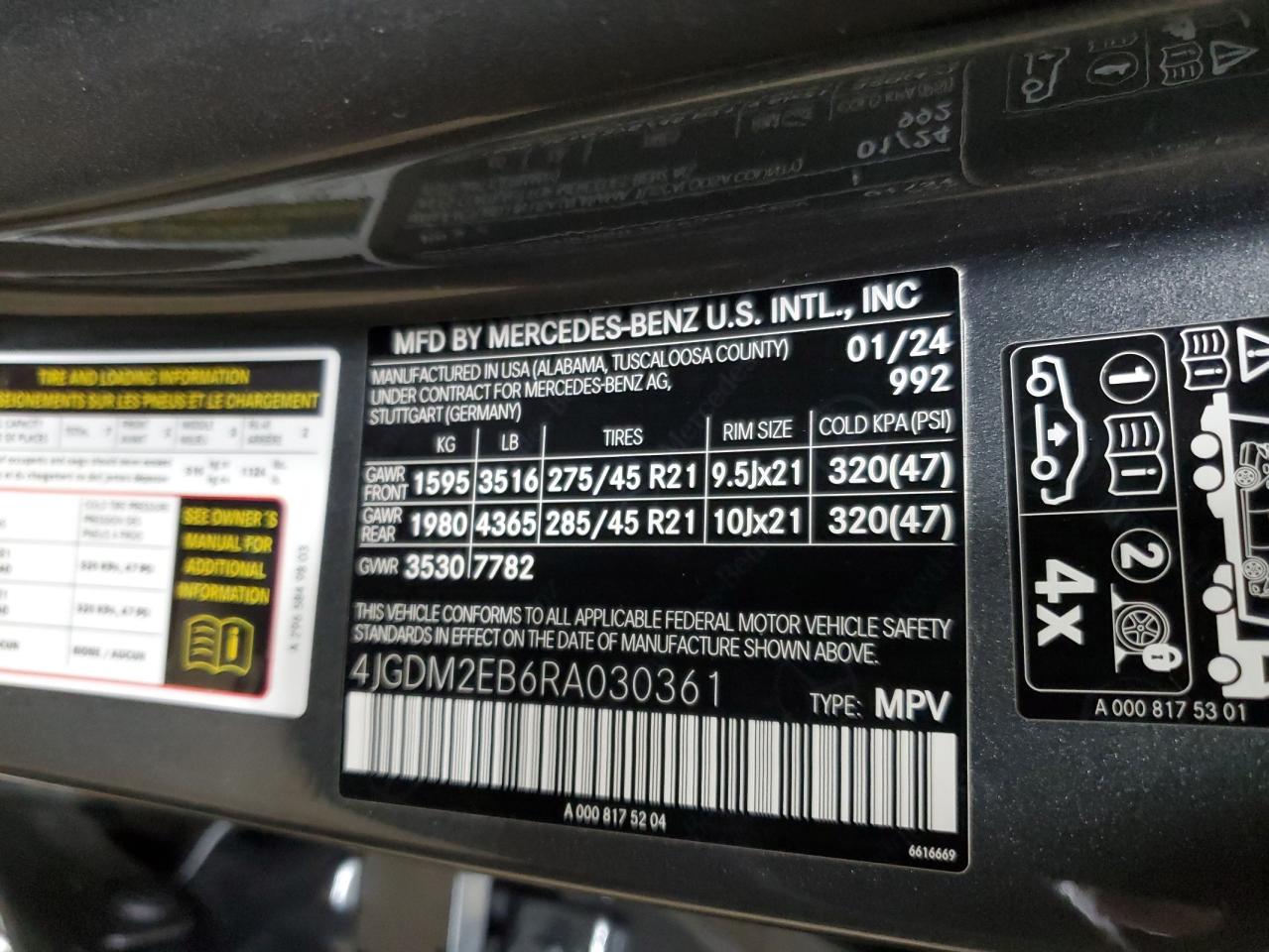 2024 MERCEDES-BENZ EQS SUV 450 4MATIC VIN:4JGDM2EB6RA030361