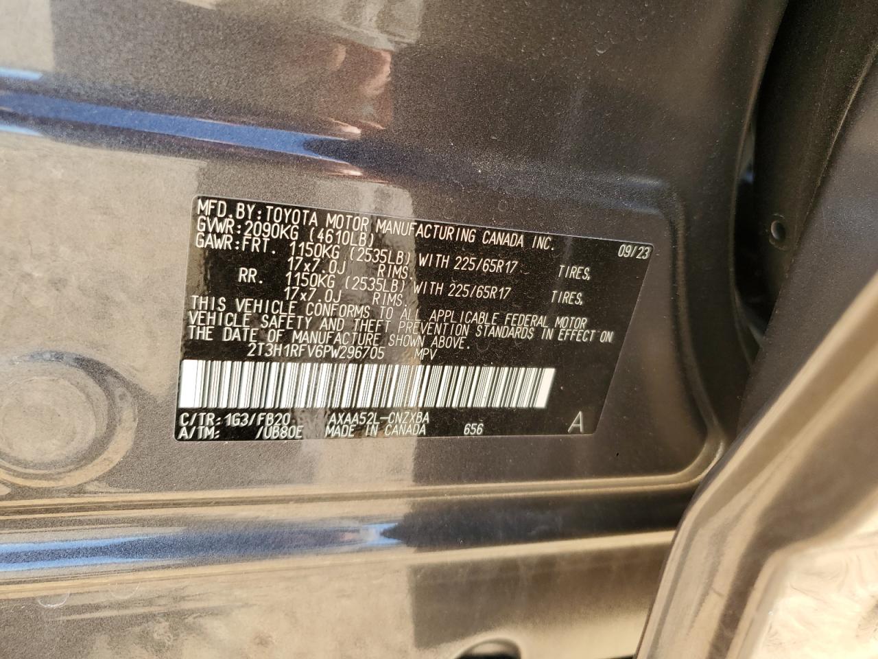 2023 TOYOTA RAV4 LE VIN:2T3H1RFV6PW296705