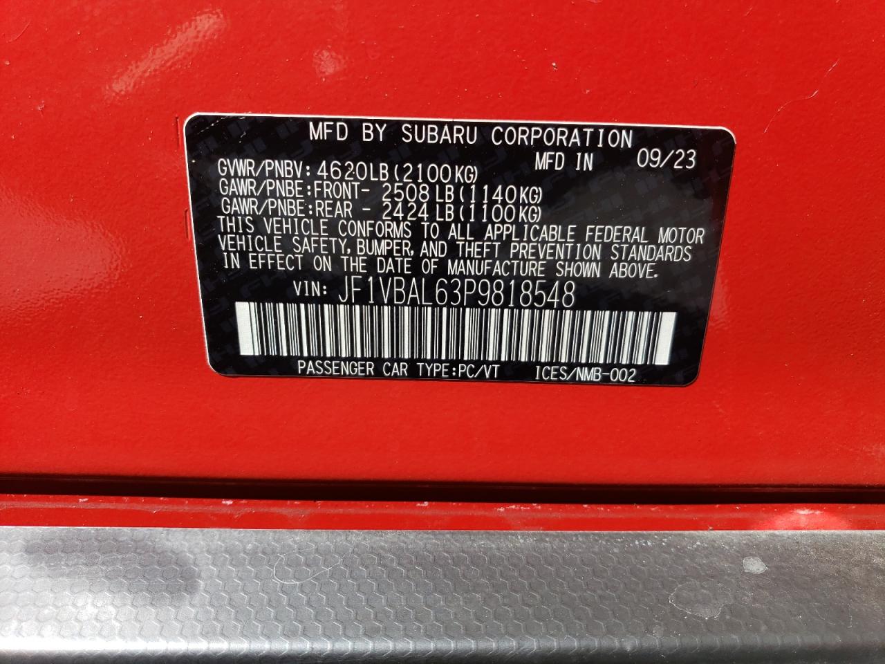 2023 SUBARU WRX LIMITED VIN:JF1VBAL63P9818548