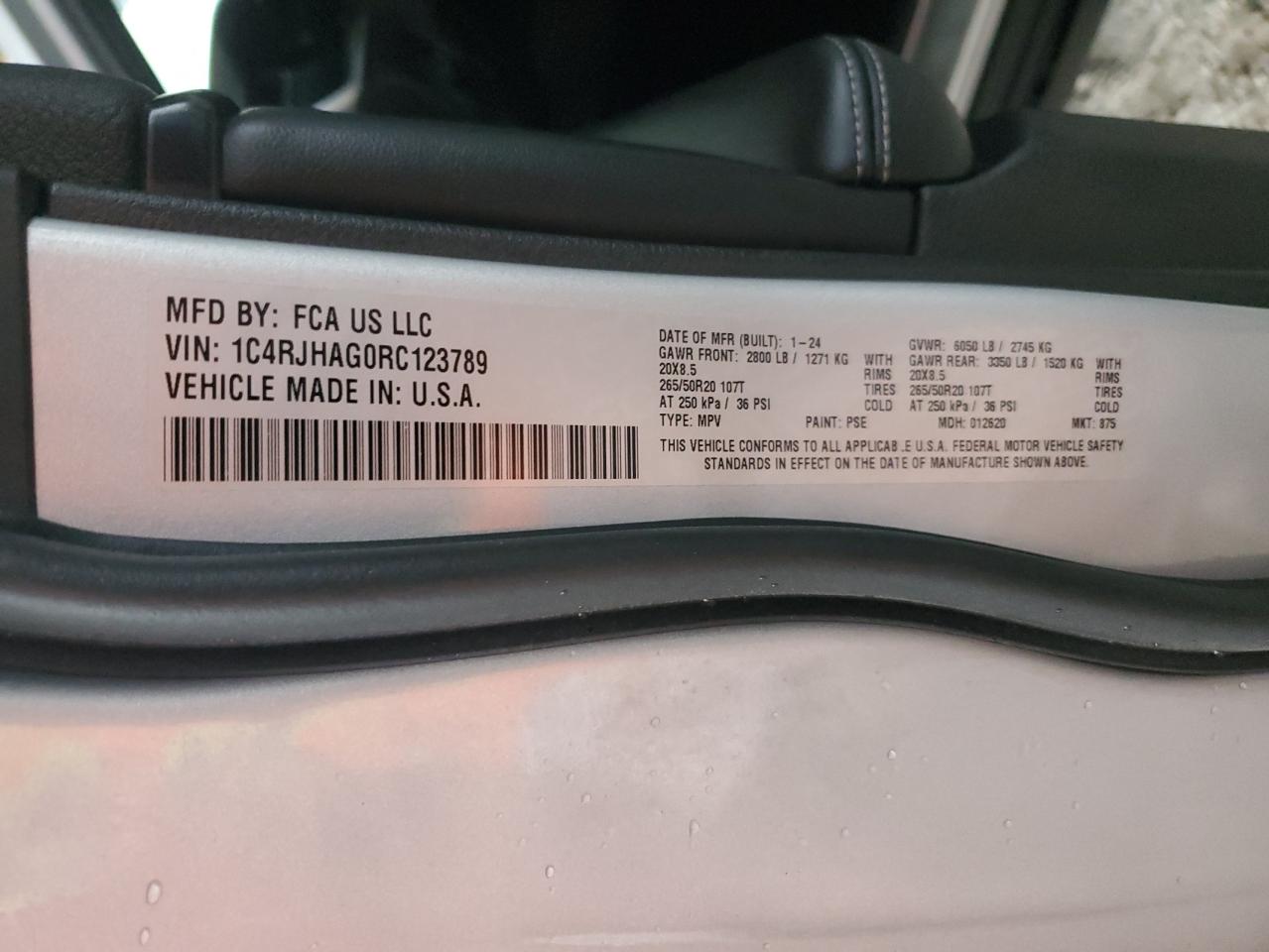 2024 JEEP GRAND CHEROKEE LAREDO VIN:1C4RJHAG0RC123789