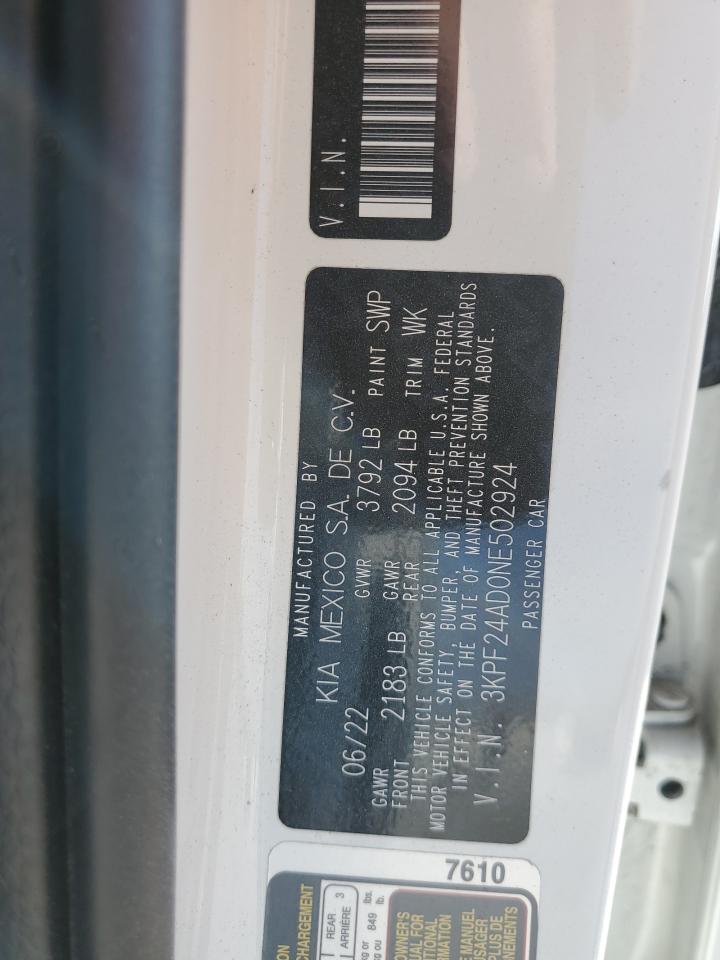 2022 KIA FORTE FE VIN:3KPF24AD0NE502924