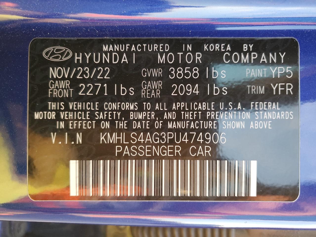 2023 HYUNDAI ELANTRA SEL VIN:KMHLS4AG3PU474906