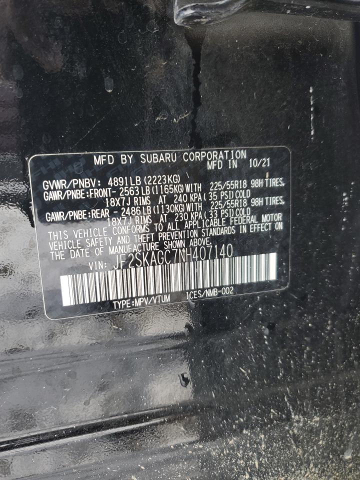 2022 SUBARU FORESTER SPORT VIN:JF2SKAGC7NH407140