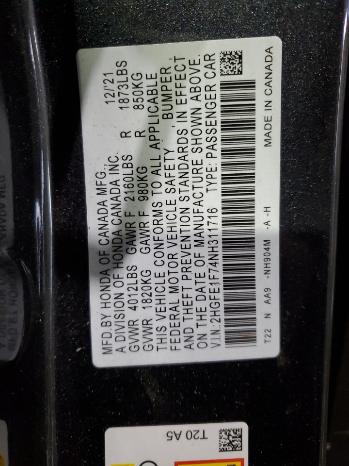 2022 HONDA CIVIC EX VIN:2HGFE1F74NH311716