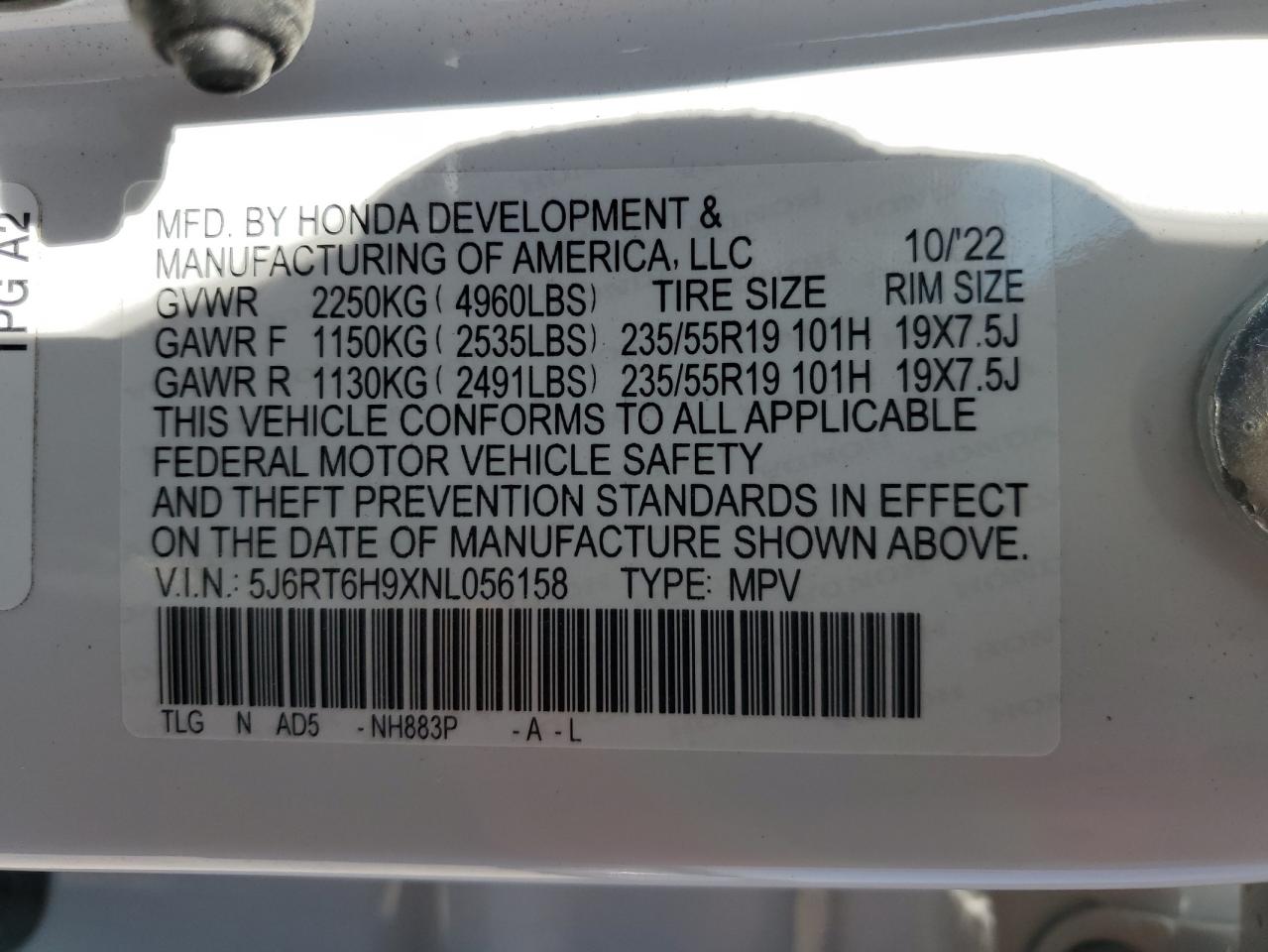 2022 HONDA CR-V TOURING VIN:5J6RT6H9XNL056158