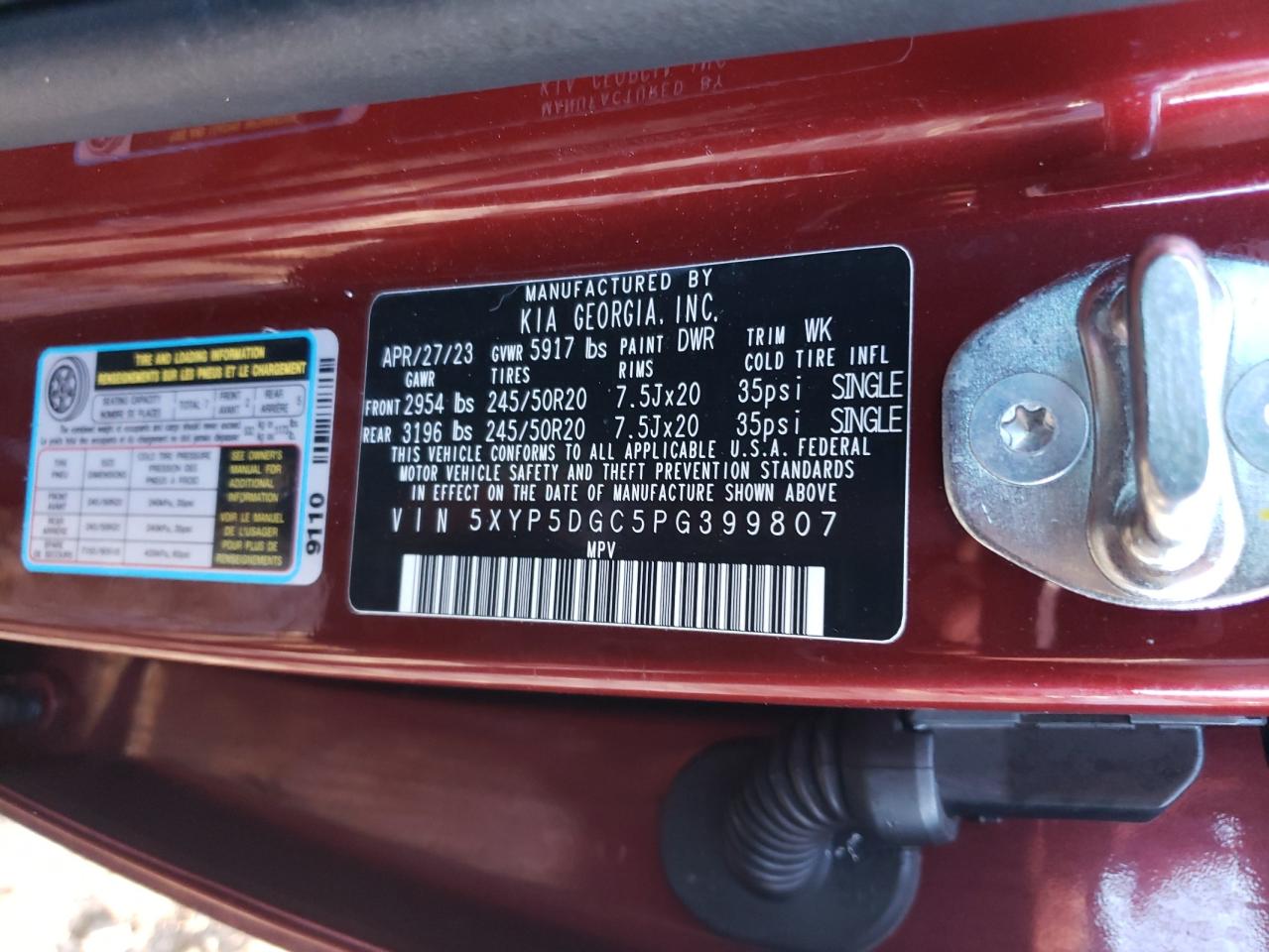 2023 KIA TELLURIDE SX VIN:5XYP5DGC5PG399807