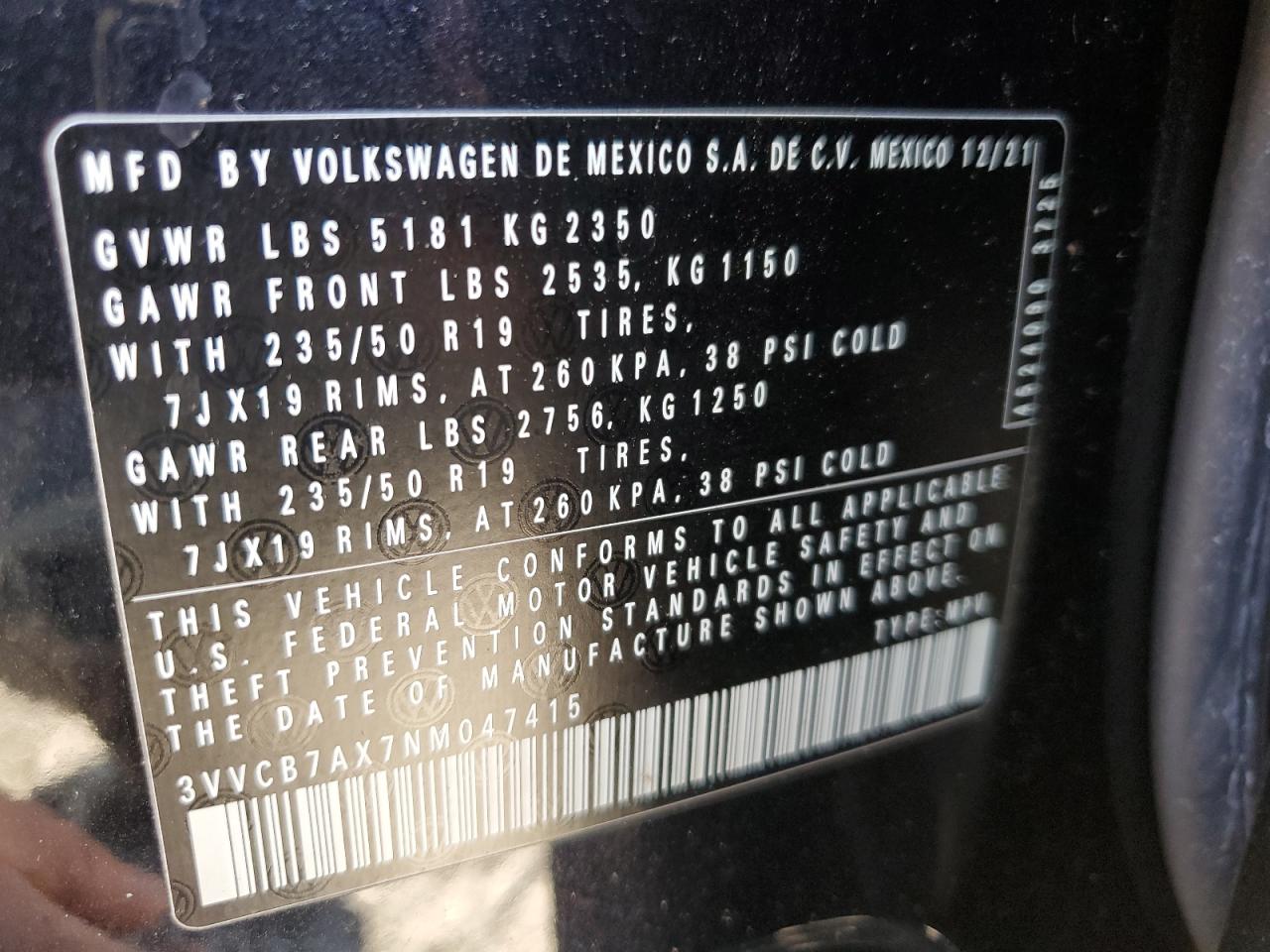 2022 VOLKSWAGEN TIGUAN SE R-LINE BLACK VIN:3VVCB7AX7NM047415