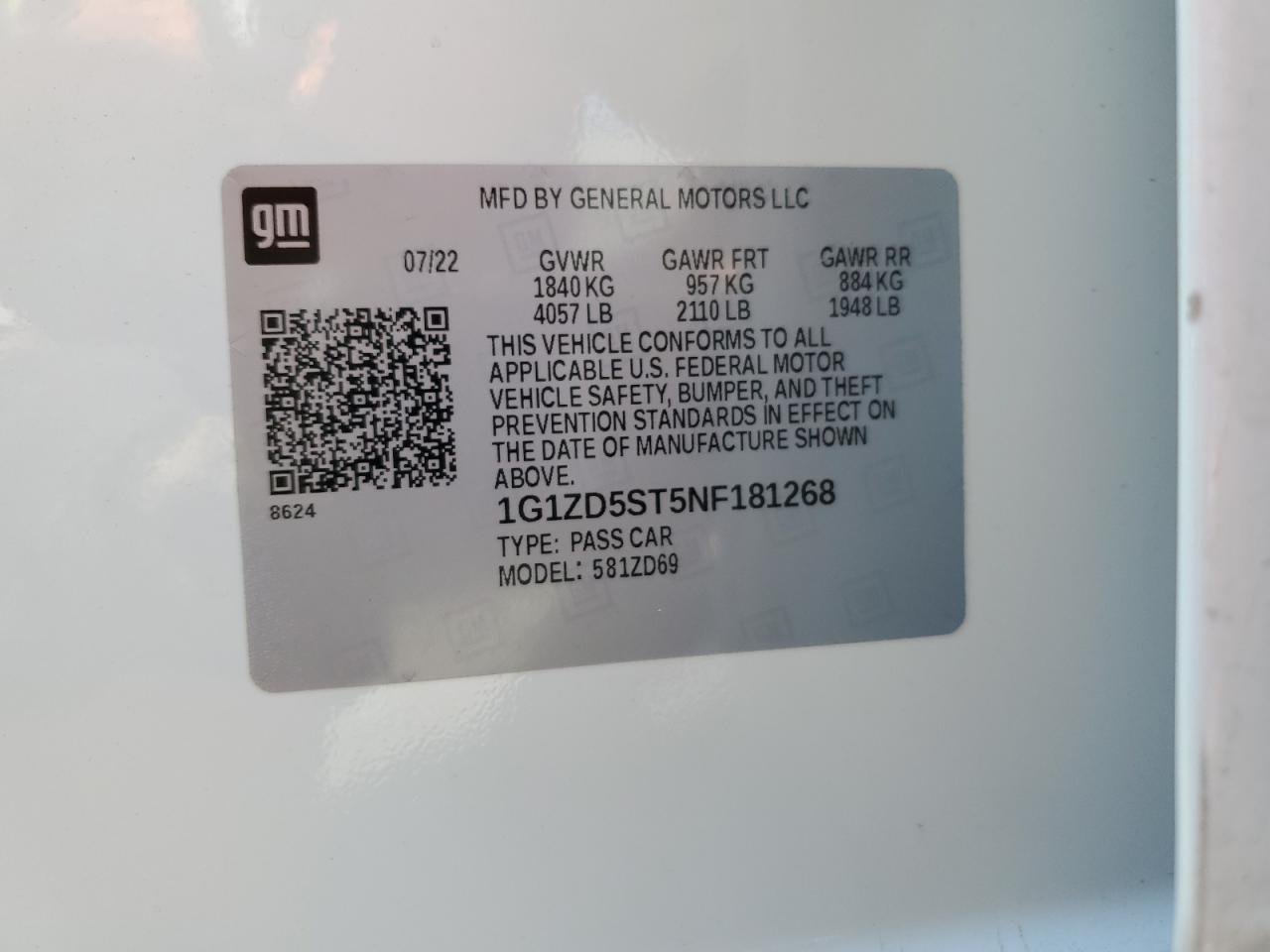 2022 CHEVROLET MALIBU LT VIN:1G1ZD5ST5NF181268