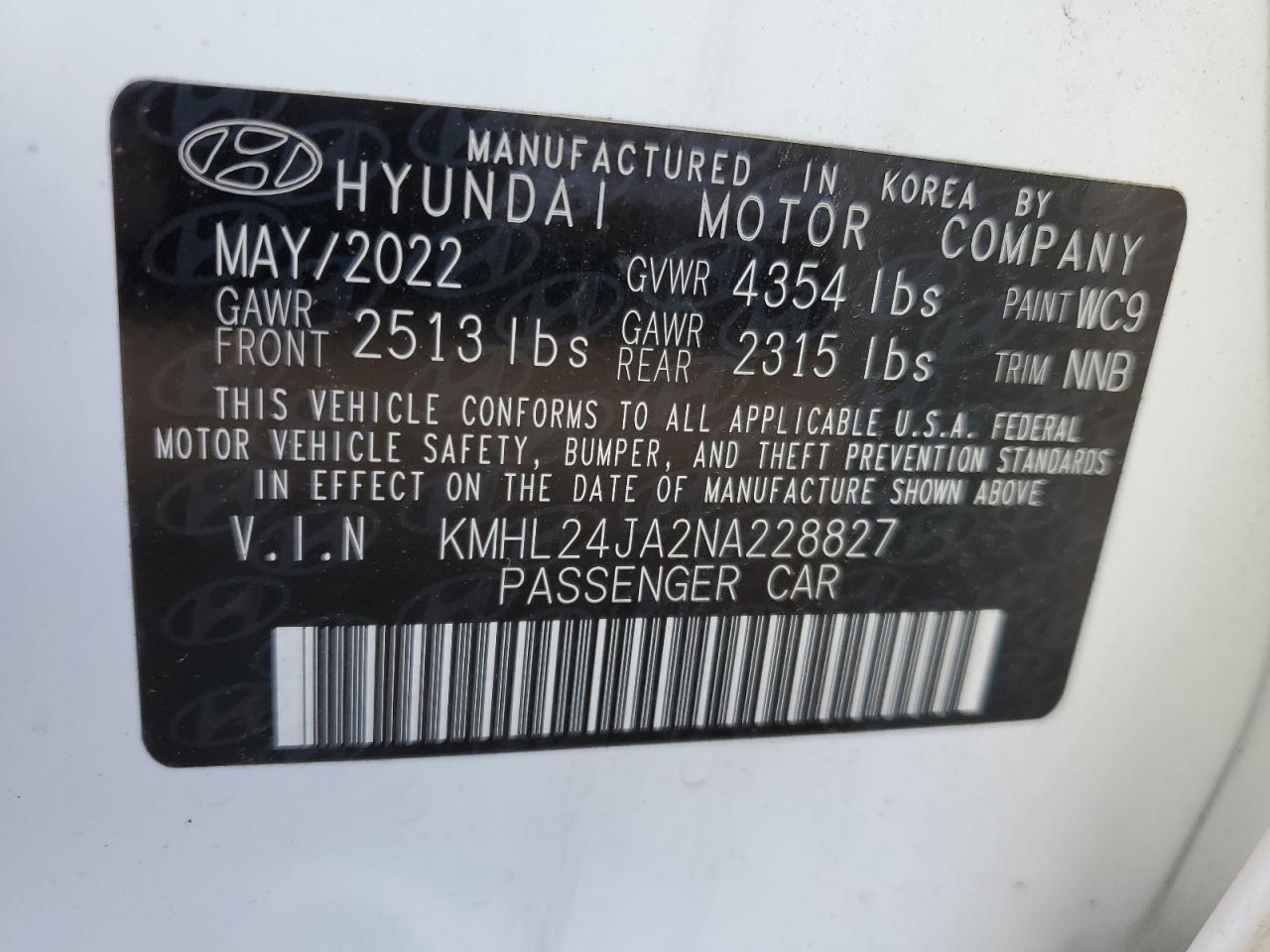 2022 HYUNDAI SONATA SE VIN:KMHL24JA2NA228827