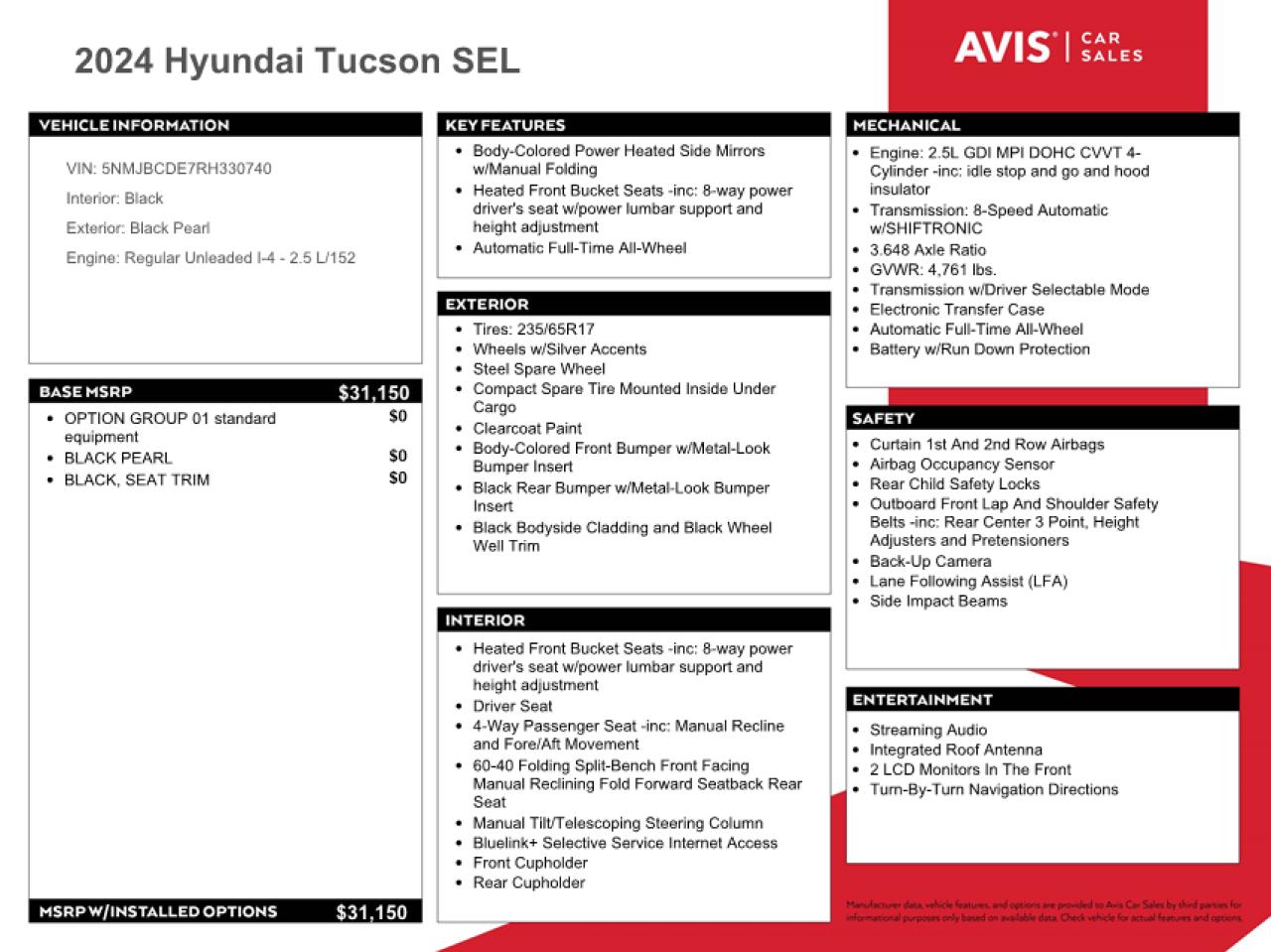 2024 HYUNDAI TUCSON SEL VIN:5NMJBCDE7RH330740