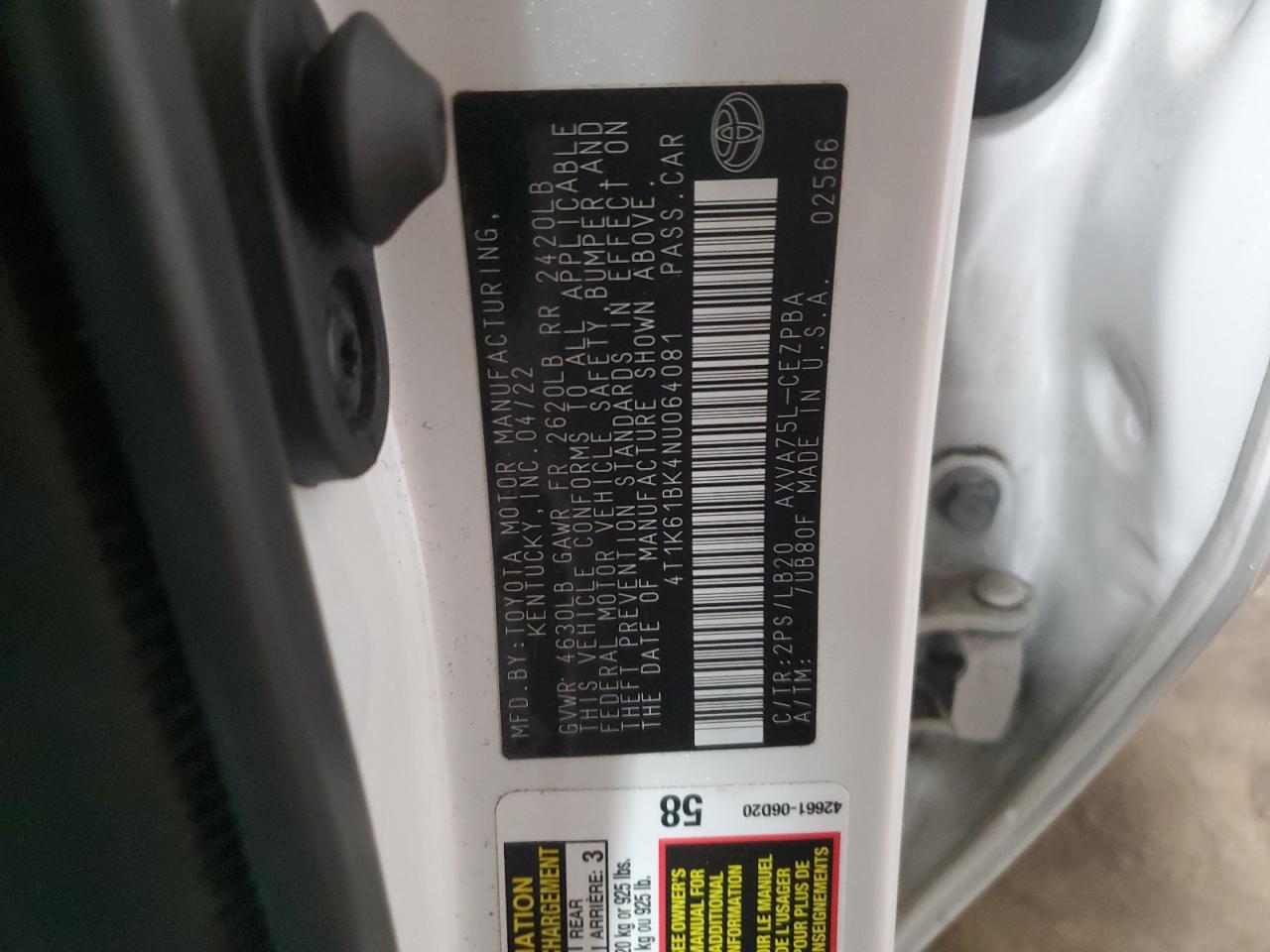 2022 TOYOTA CAMRY XSE VIN:JA4ARUAU1RU002102