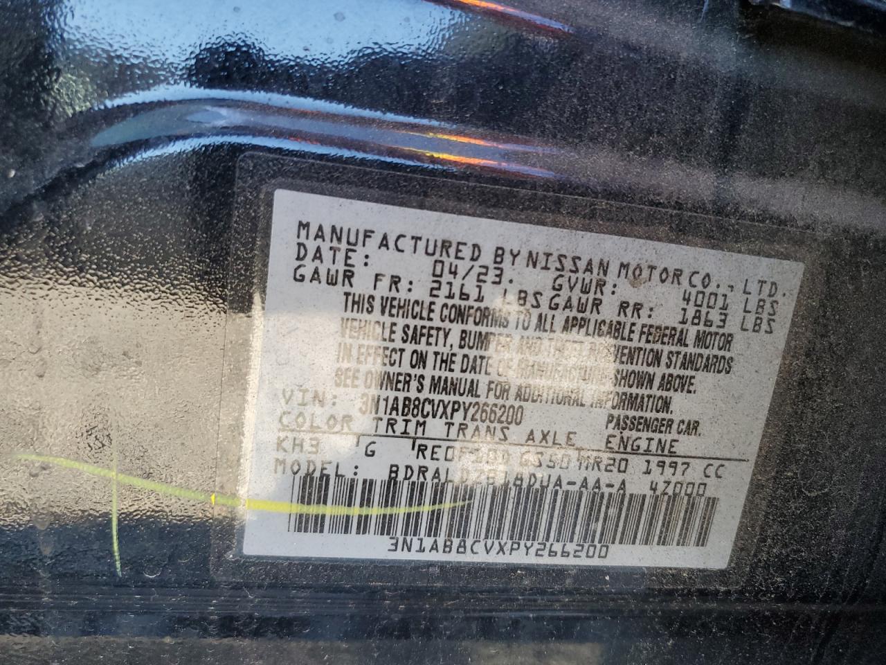 2023 NISSAN SENTRA SV VIN:3N1AB8CVXPY266200