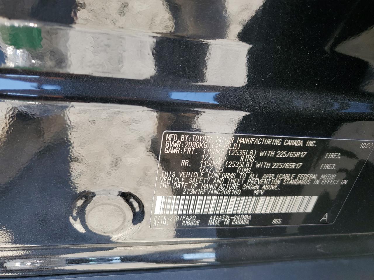 2022 TOYOTA RAV4 XLE VIN:2T3W1RFV4NC208160