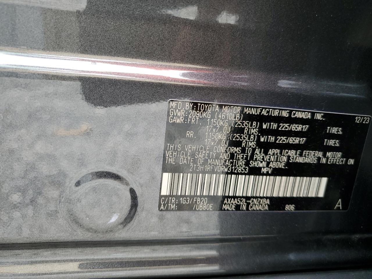 2024 TOYOTA RAV4 LE VIN:2T3H1RFV0RW312853