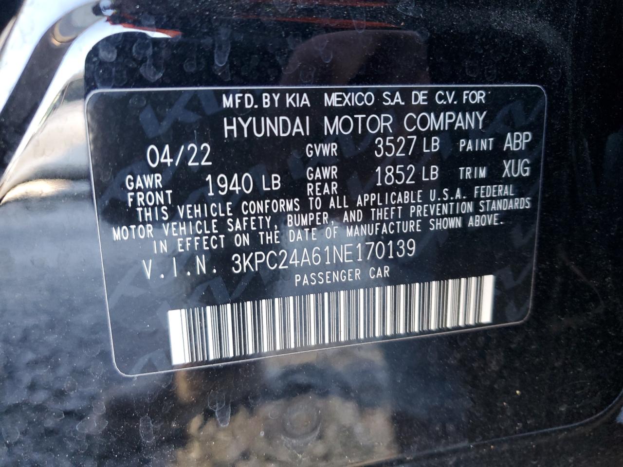 2022 HYUNDAI ACCENT SE VIN:3KPC24A61NE170139