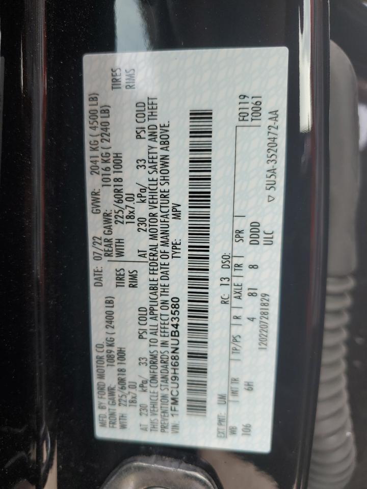 2022 FORD ESCAPE SEL VIN:1FMCU9H68NUB43580