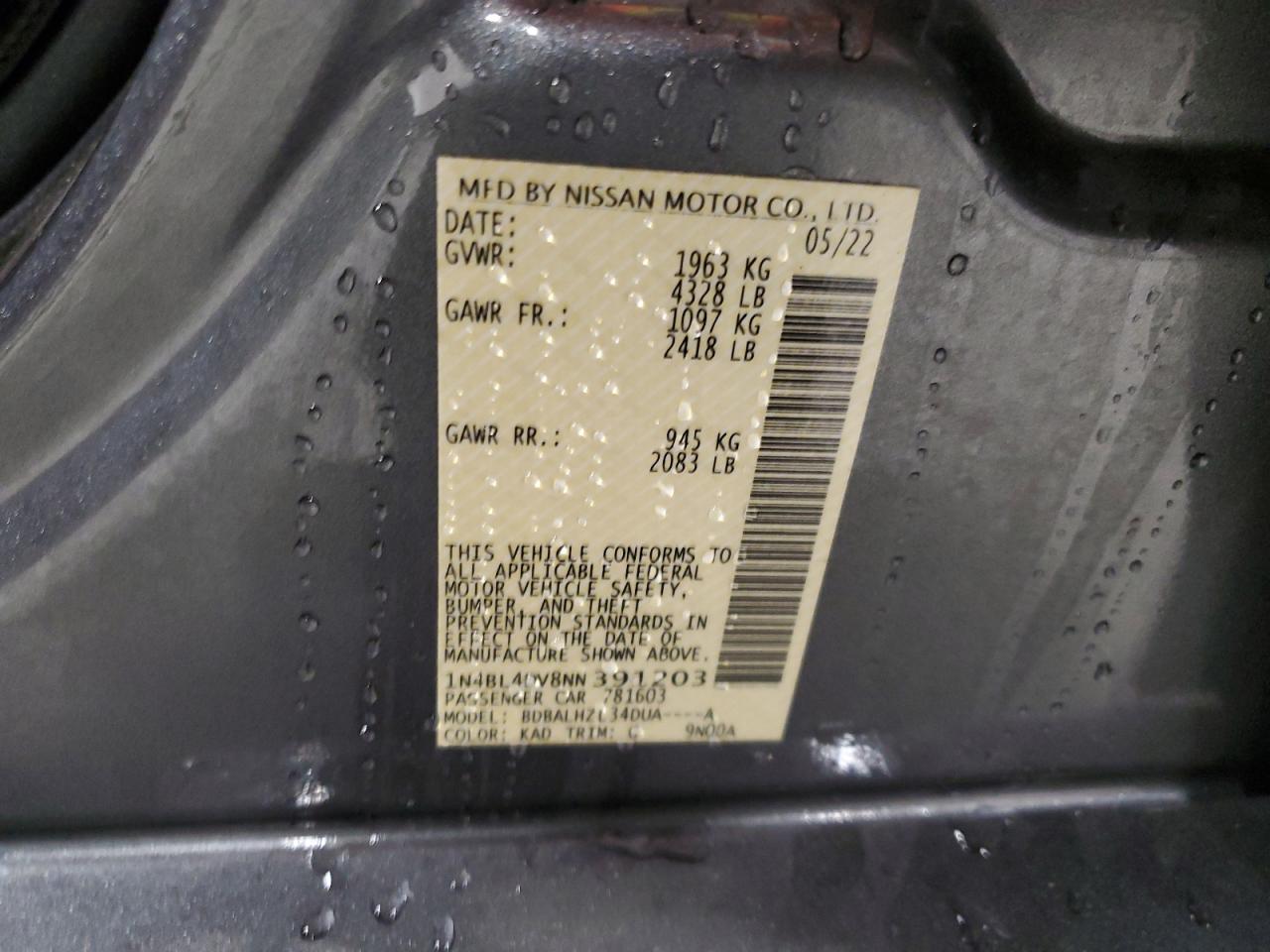2022 NISSAN ALTIMA SV VIN:1N4BL4DV8NN391203
