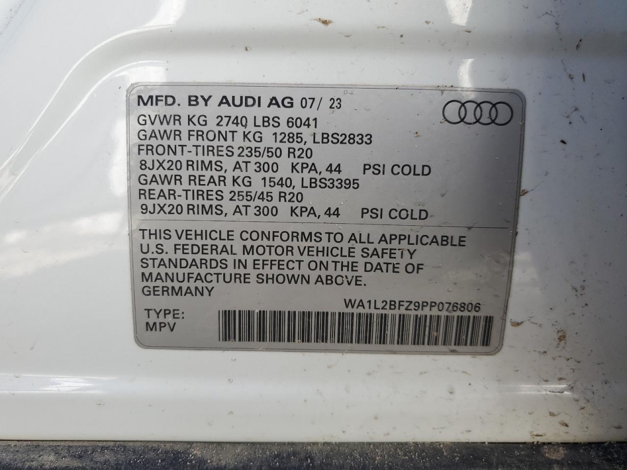 2023 AUDI Q4 E-TRON PREMIUM PLUS VIN:WA1L2BFZ9PP076806