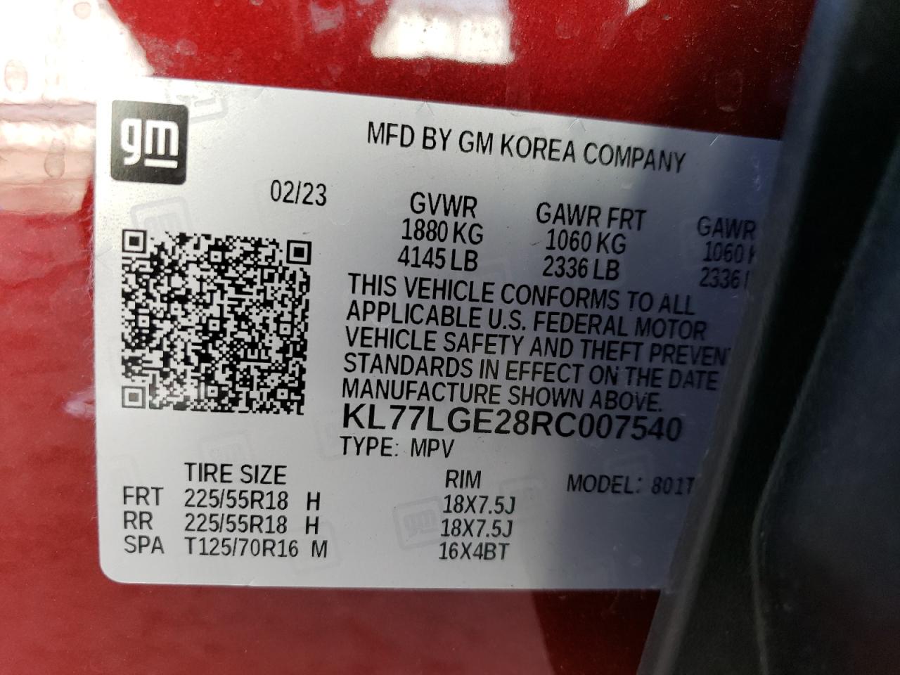 2024 CHEVROLET TRAX 1RS VIN:KL77LGE28RC007540