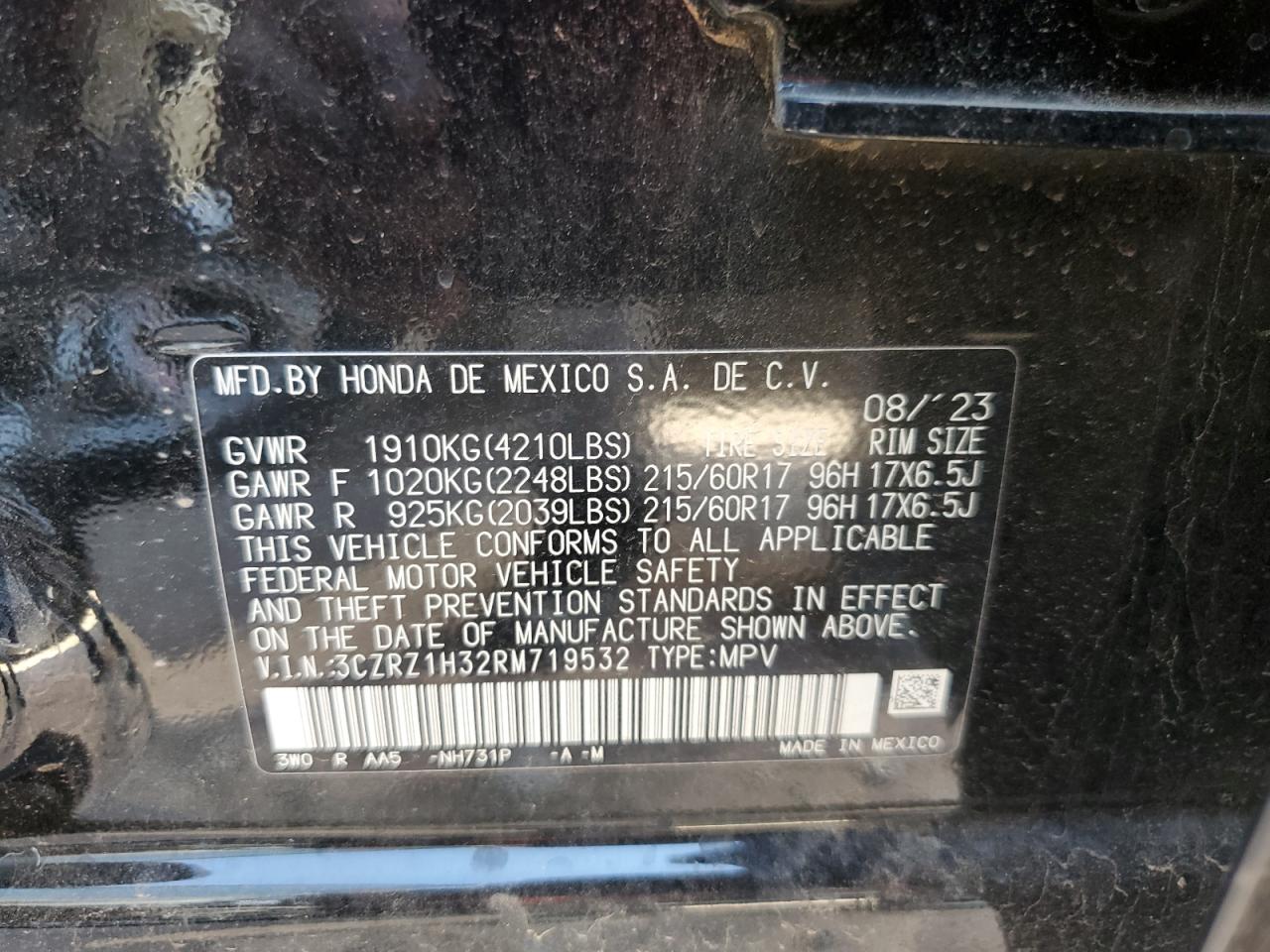2024 HONDA HR-V LX VIN:3CZRZ1H32RM719532
