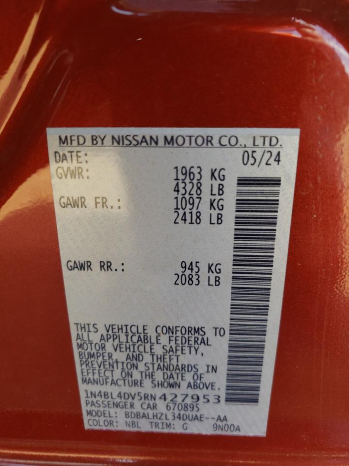 2024 NISSAN ALTIMA SV VIN:1N4BL4DV5RN427953