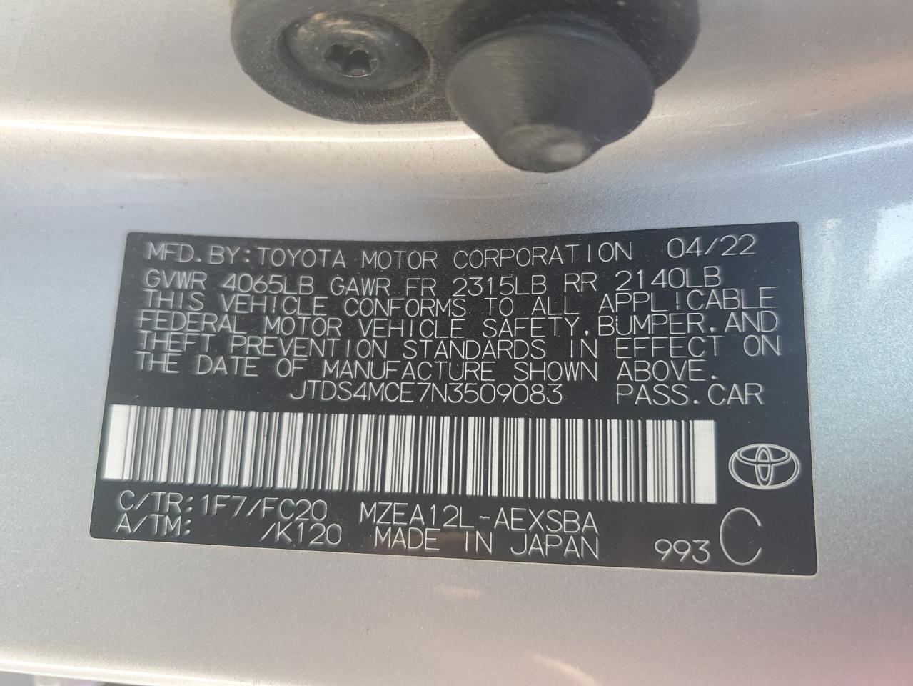 2022 TOYOTA COROLLA SE VIN:JTDS4MCE7N3509083