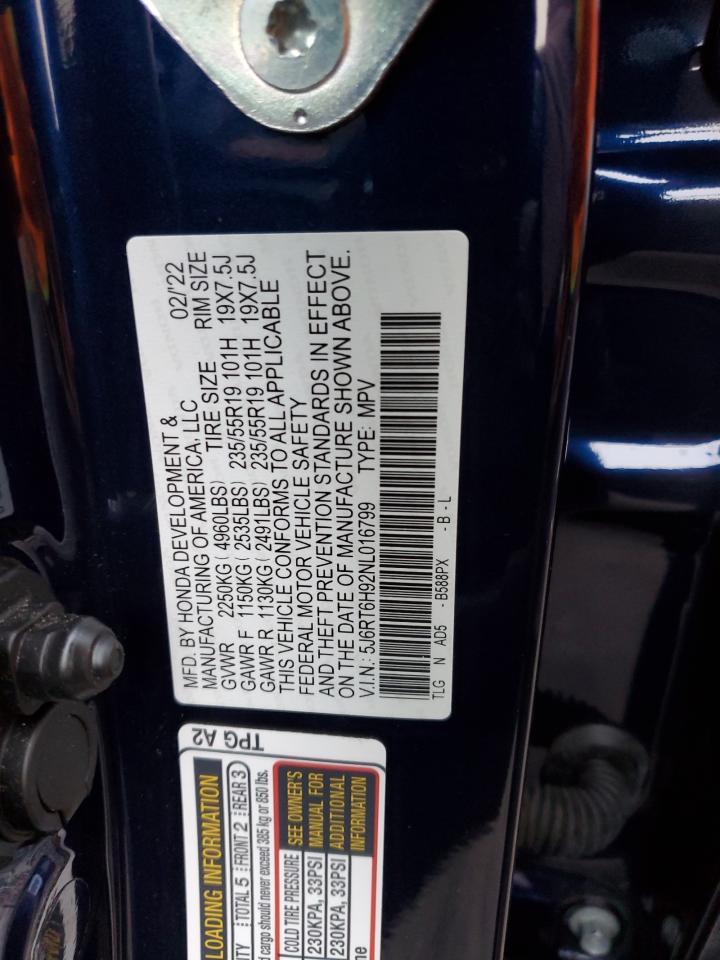 2022 HONDA CR-V TOURING VIN:5J6RT6H92NL016799