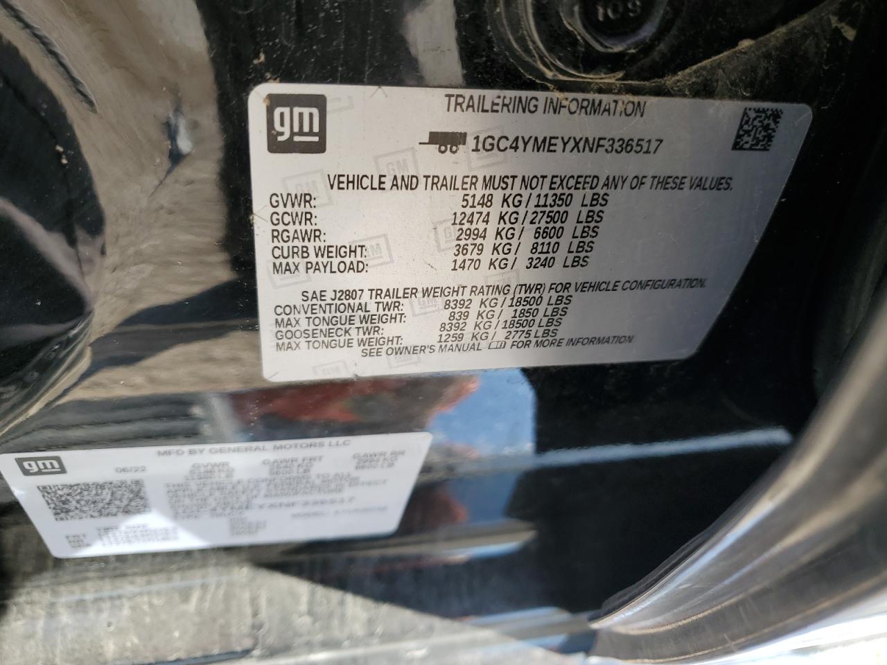 2022 CHEVROLET SILVERADO K2500 CUSTOM VIN:1GC4YMEYXNF336517