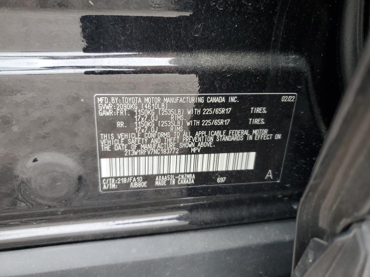 2022 TOYOTA RAV4 XLE VIN:2T3W1RFV7NC183772